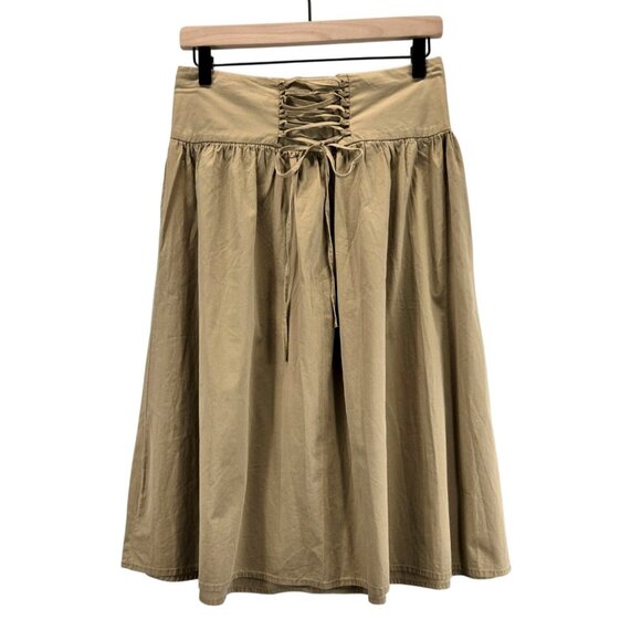Khaki Midi Skirt High-Waisted Corset Sz M by Given Kale Peasant Boho Festival - Picture 1 of 12